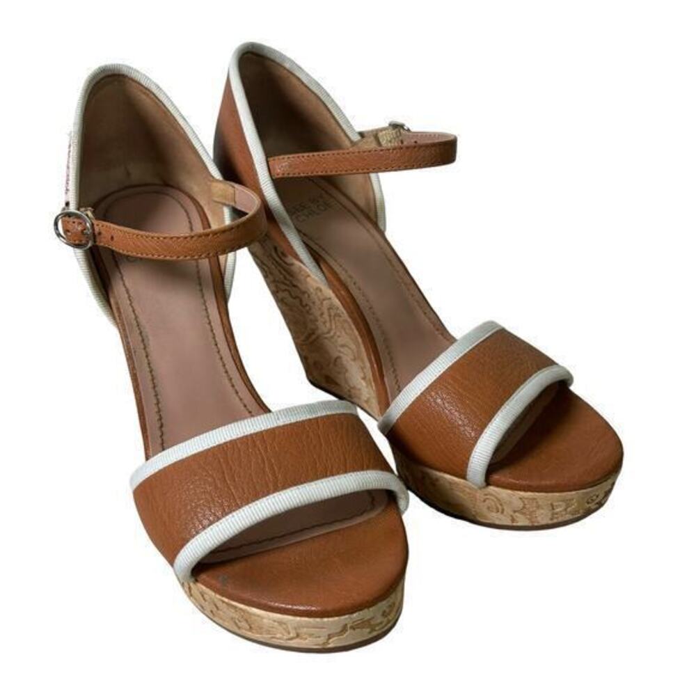 SEE by Chloe Tan Leather Wedge Embossed‎ Heel Grosgrain Shoe 38 Euro, 7.5 US